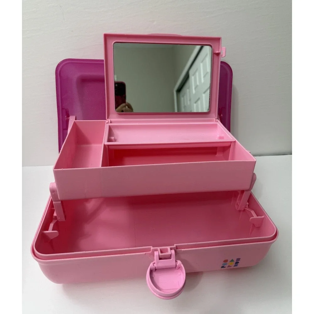 Vtg Caboodles Makeup Organizer Carrying Travel Case Pink Two Tier Mirror Tray